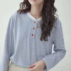 korean style color block stripe button long sleeve shirt