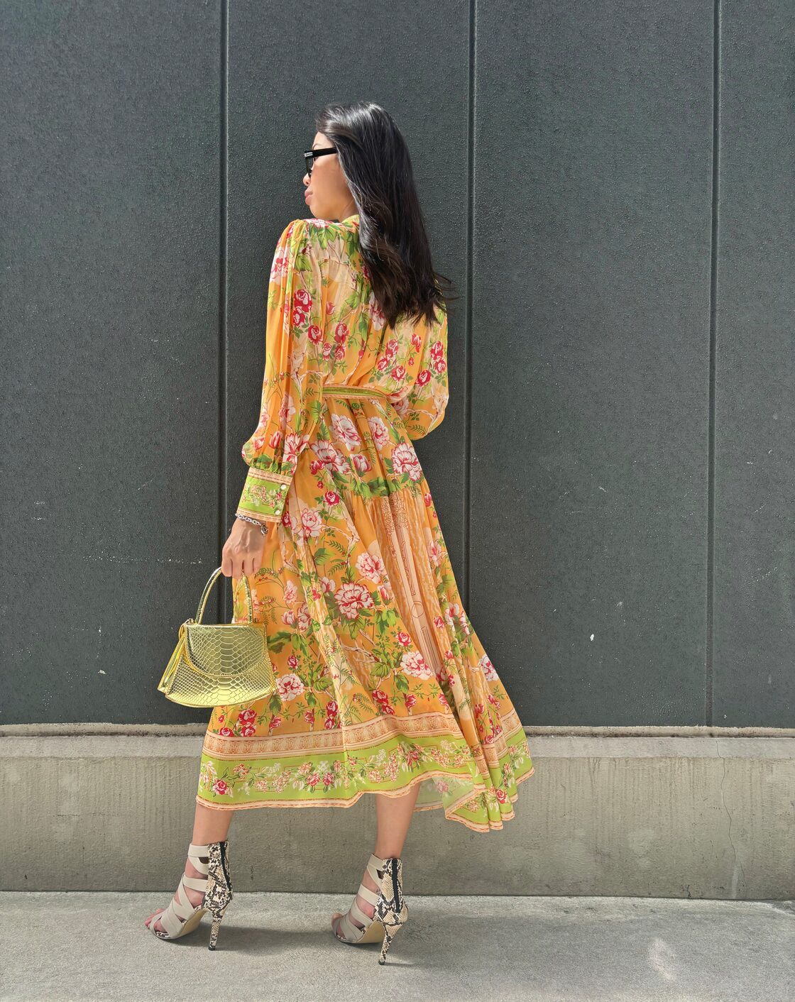 orange flower print chiffon long one-piece ワンピース ロングワンピ 