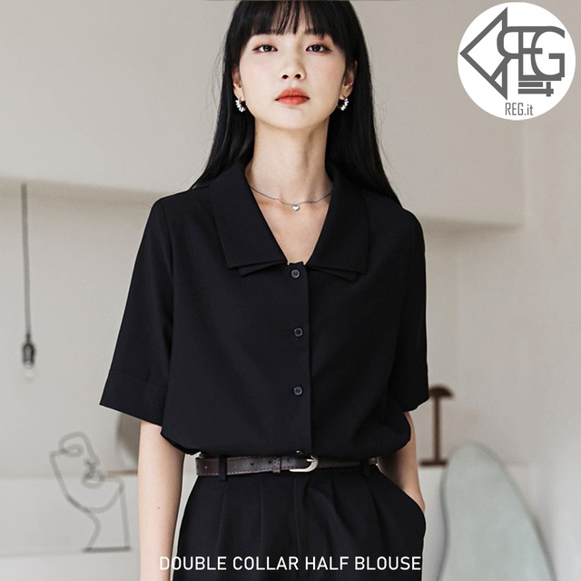 【REGIT】DOUBLE COLLAR HALF BLOUSE S/S 韓国ファッション トップス 半袖 シャツ ブラウス 大人かわいい きれいめ  シフォン 20代 30代 プチプラ 着回し 着映え ネット通販 TPB032