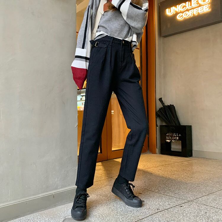 -ウエストジーンズ女性秋小人2020新入生ルーズ&シンデザイン折り目ストレートレッグパンツ クレセントシティ18904237910