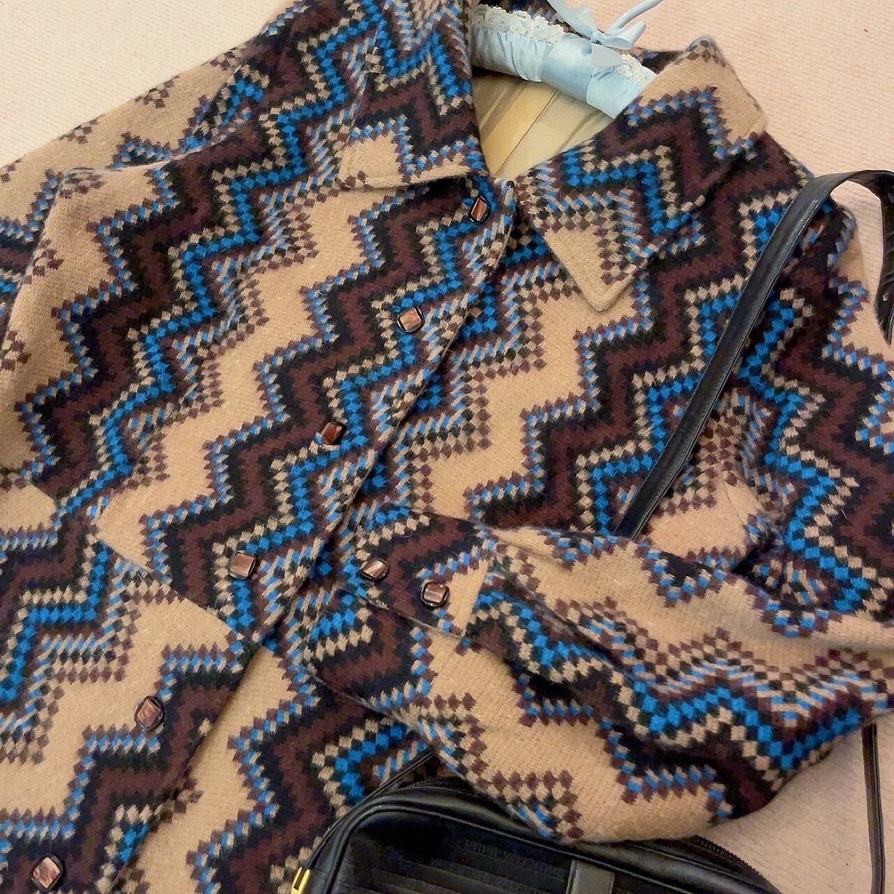 blue brown zigzag wool one-piece