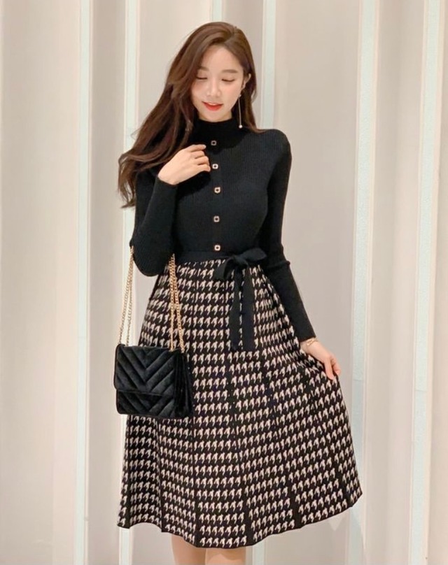 《即納》千鳥柄切替エレガントワンピース