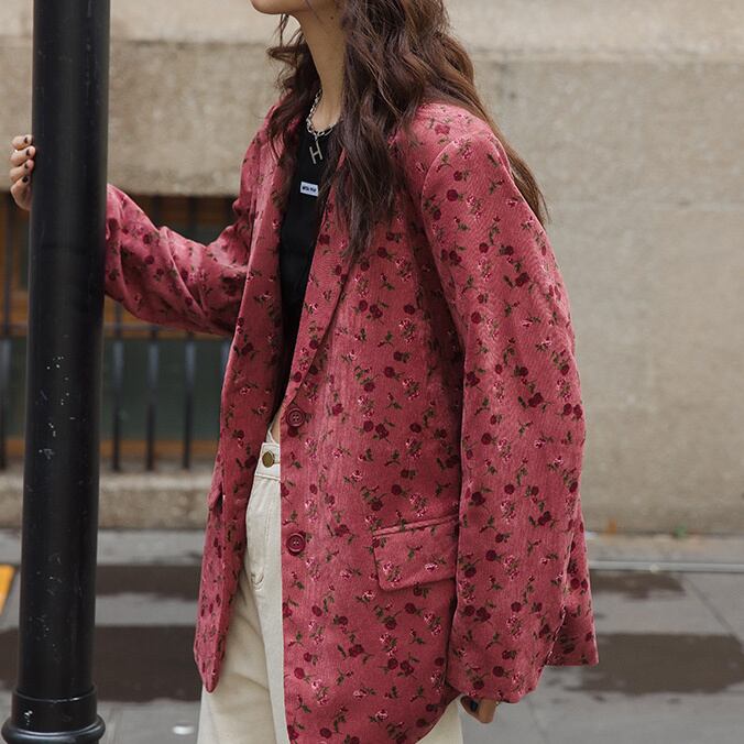 Red floral single-breasted jacket S88