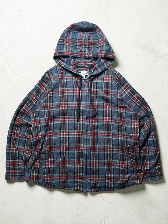 L. L.Bean Relaxed Fit Red Gray Tartan Plaid Full Zip Hooded Flannel Jacket