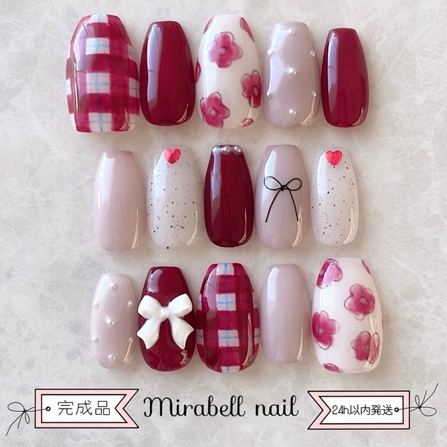 【完成品 即日発送】フラワー リボン パール ドット 赤 15枚 ネイルチップ セット #ncs019