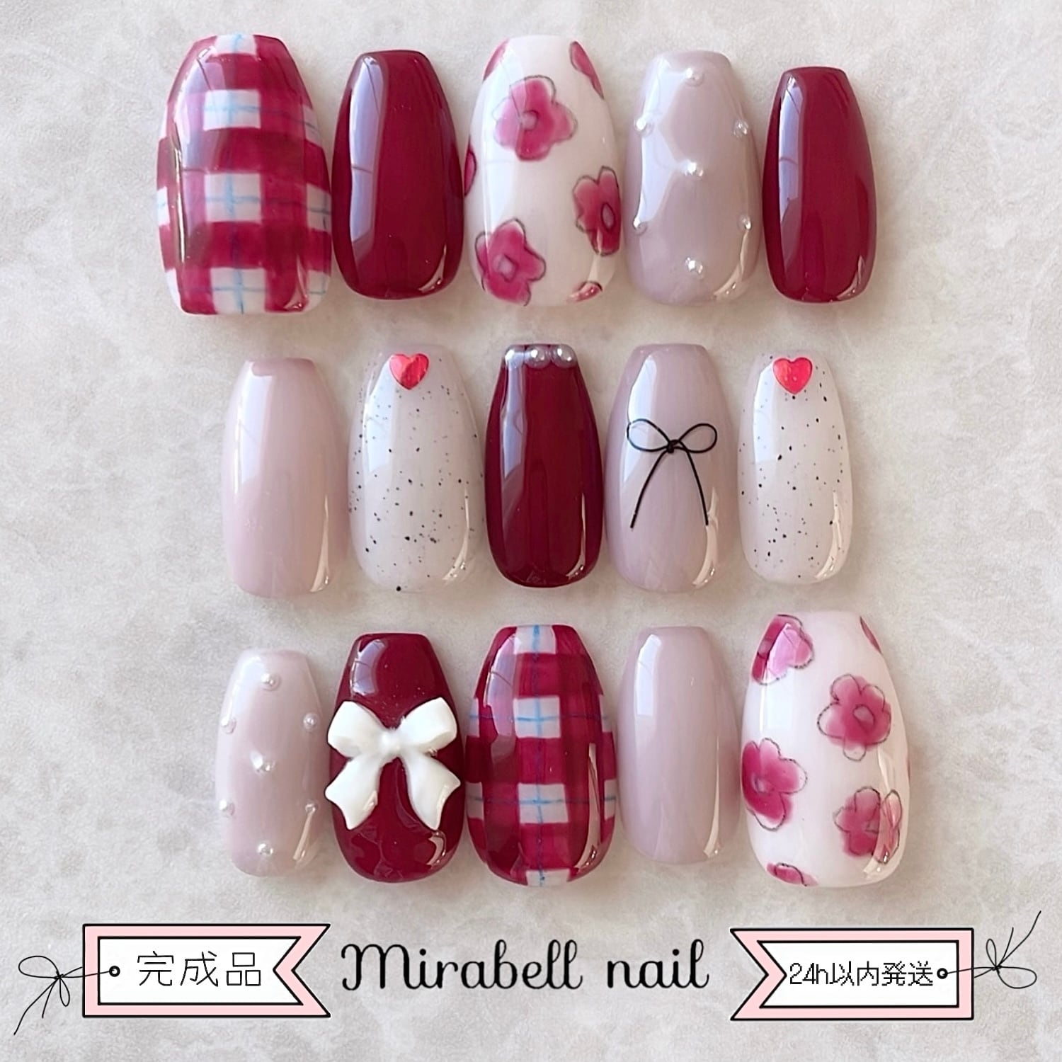 【完成品 即日発送】フラワー リボン パール ドット 赤 15枚 ネイルチップ セット #ncs019