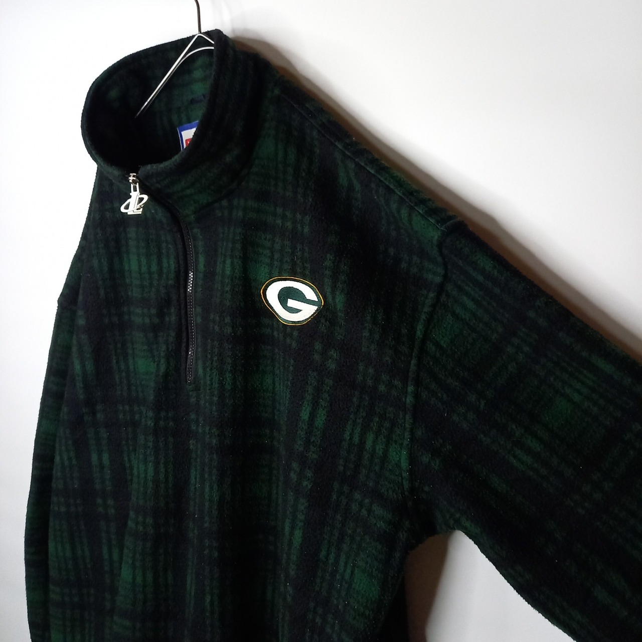 90s　NFL　ハーフジップ　フリース　ブルゾン　刺繍　チェック　グリーン　XL