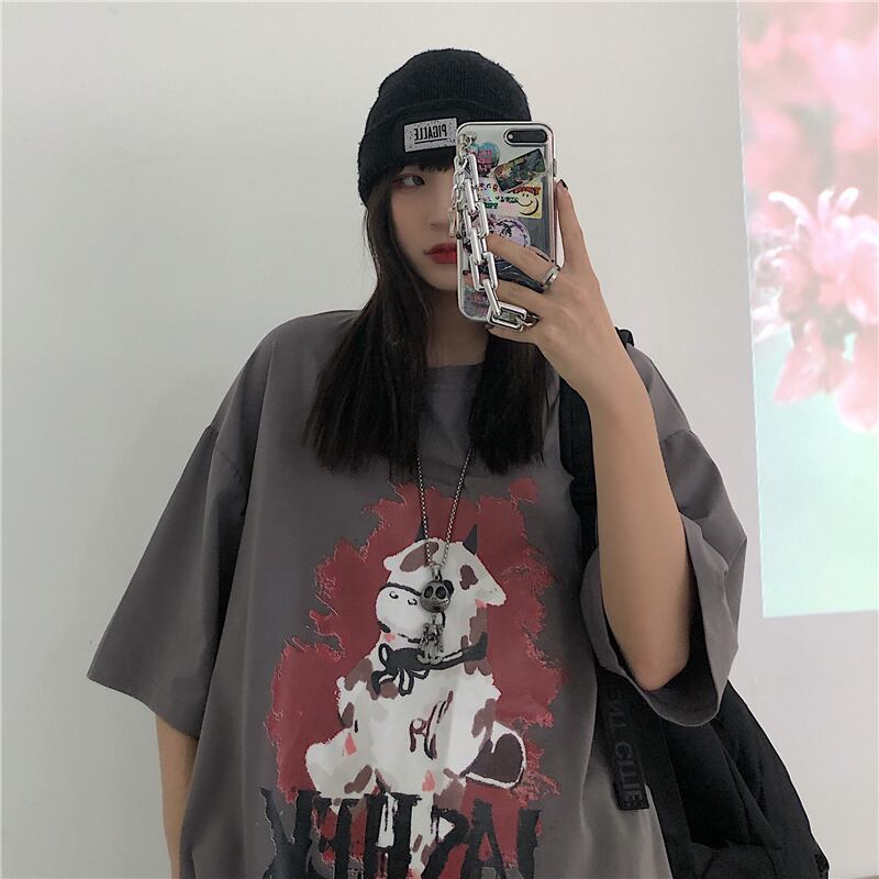 スタイルサマーダークプリントTシャツ レディースルーズトップス ストリート 大きめサイズ 夏物 ケッペル95759906493