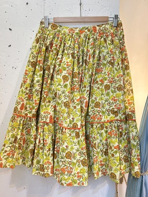 60's warm color flower print cotton skirt