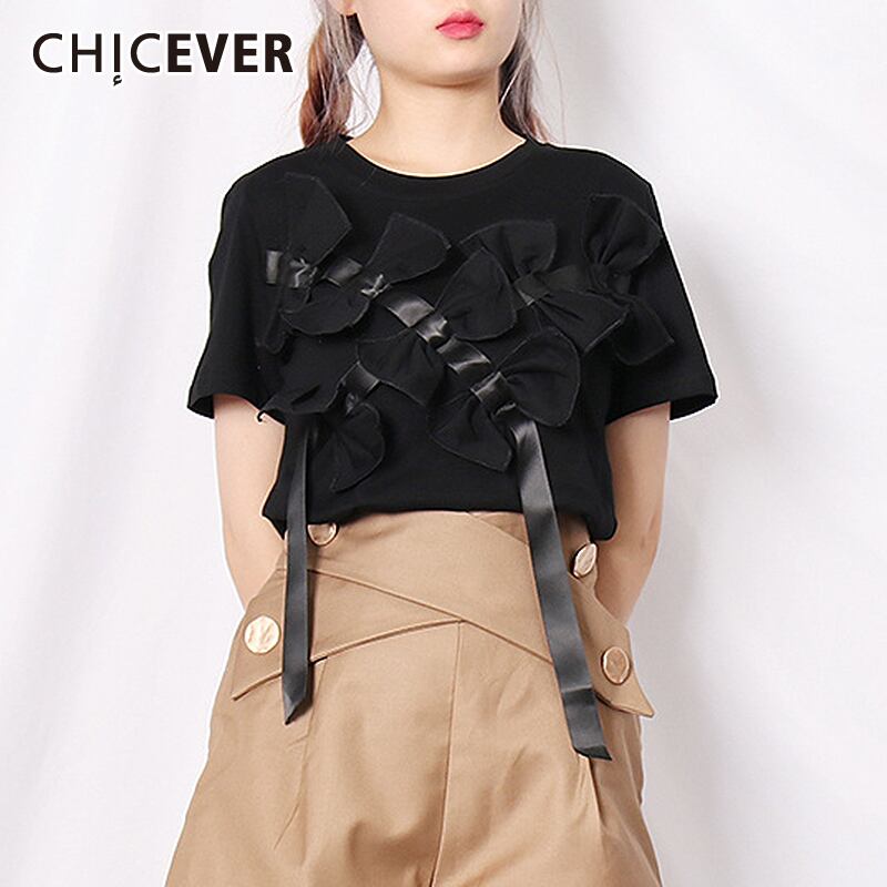 CHICEVERレディースTシャツOネック半袖ルーズパッチワーク蝶結びTシャツ2021サマータイド ショート リボン ハーフスリーブ 夏物 6base568733361330