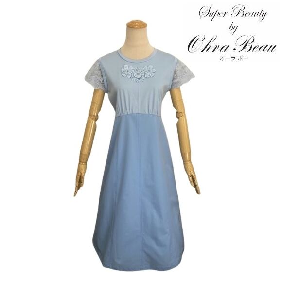 スーパービューティー ワンピース 袖レース ウェスト切替 ロング 2516048 ブルー 2025年春夏 オーラボー Super Beauty 大人かわいい服 大人スタイル キレイメ レディース アパレル 女性 M L LL 30代 40代 50代 60代