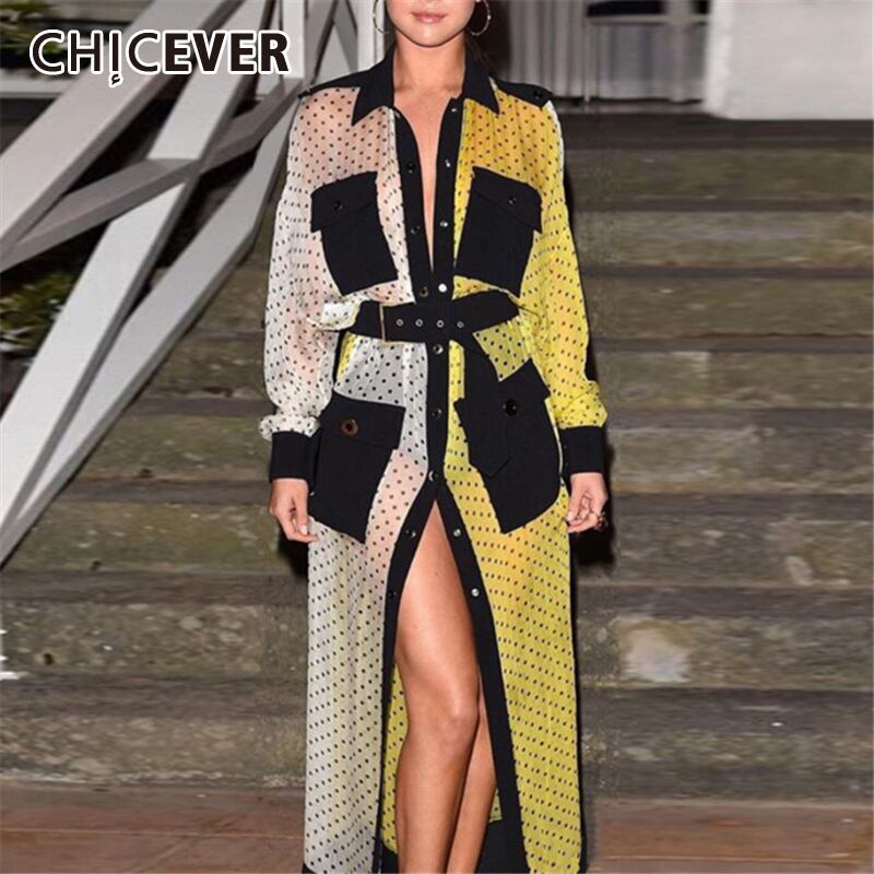 CHICEVERドットパッチワークヒットカラードレスレディースラペルカラーランタンスリーブウエストサッシプラスサイズミディドレス2020 大きめサイズ 6base550193073432