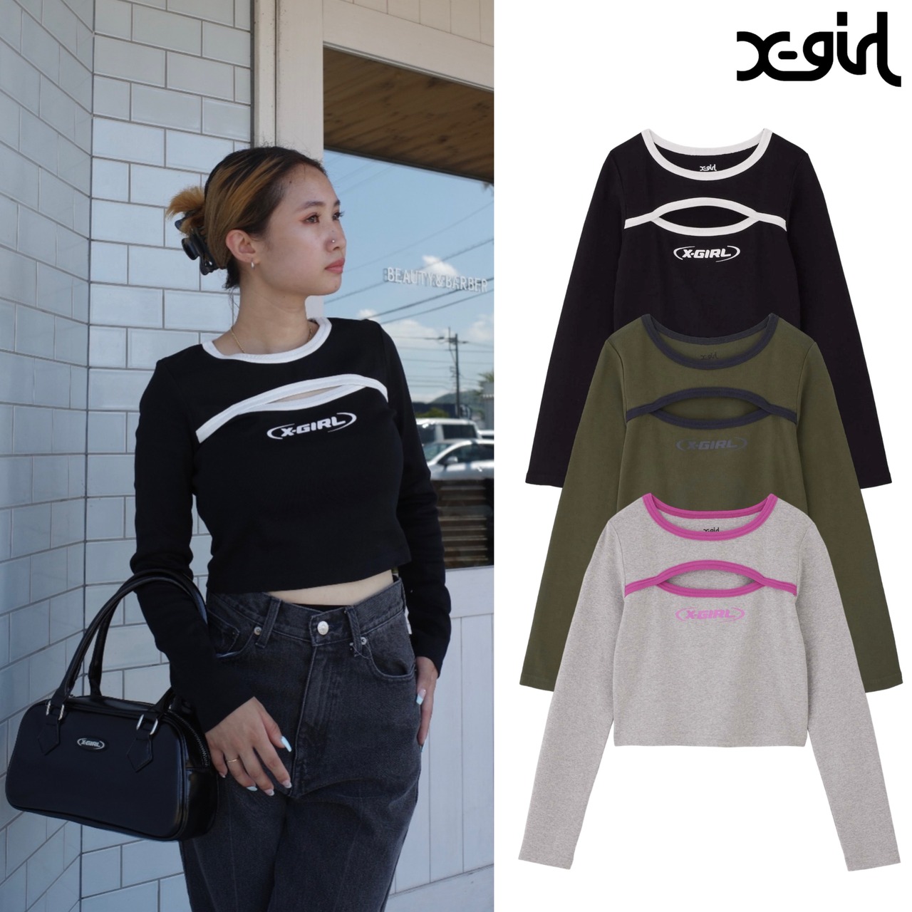 【X-girl】FRONT CUTOUT L/S BABY TEE 【エックスガール】