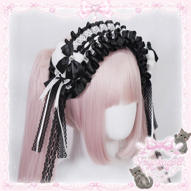 ♡【Sayakadoll original】【受注生産】白猫のおめかし ブラックリボン＆ドット柄フリルヘッドドレス white ♡