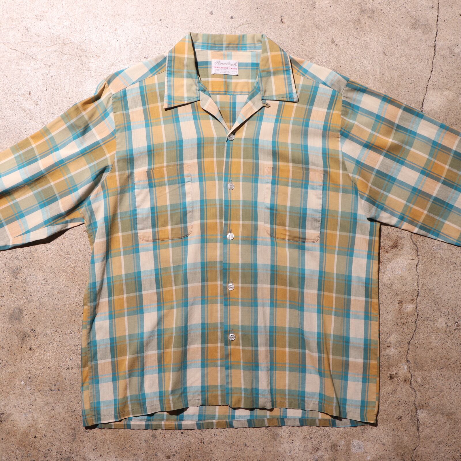 美品 L 70s 日本製 長袖開襟チェックシャツ コットンポリ ビンテージ  