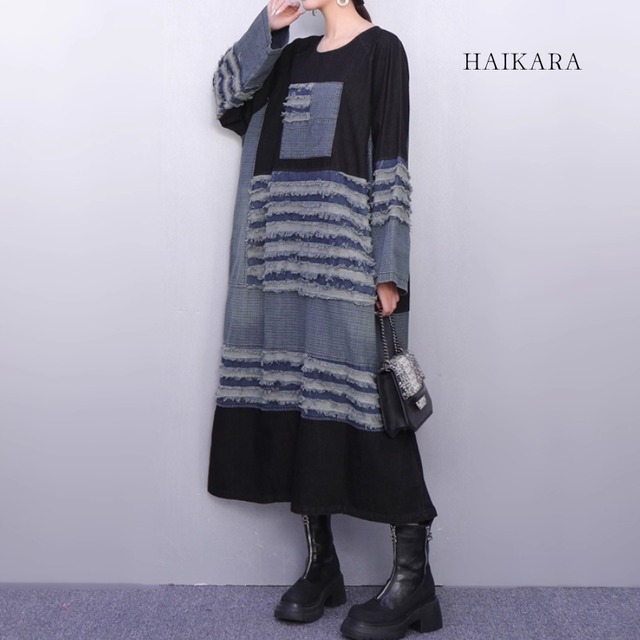 (NEW) Frayed Denim Patchwork Dress