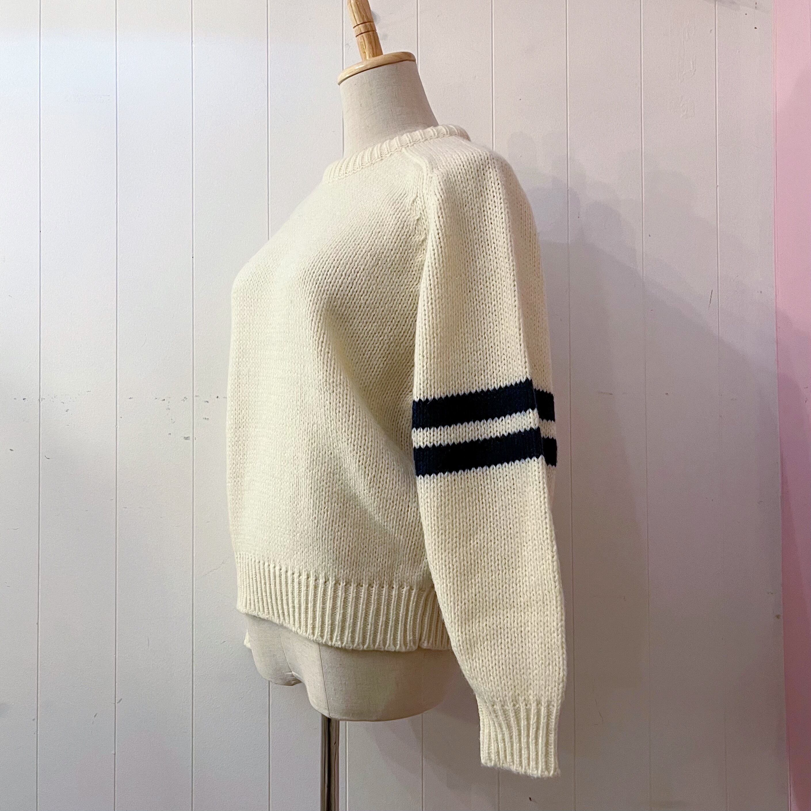 navy double line crew neck sweater
