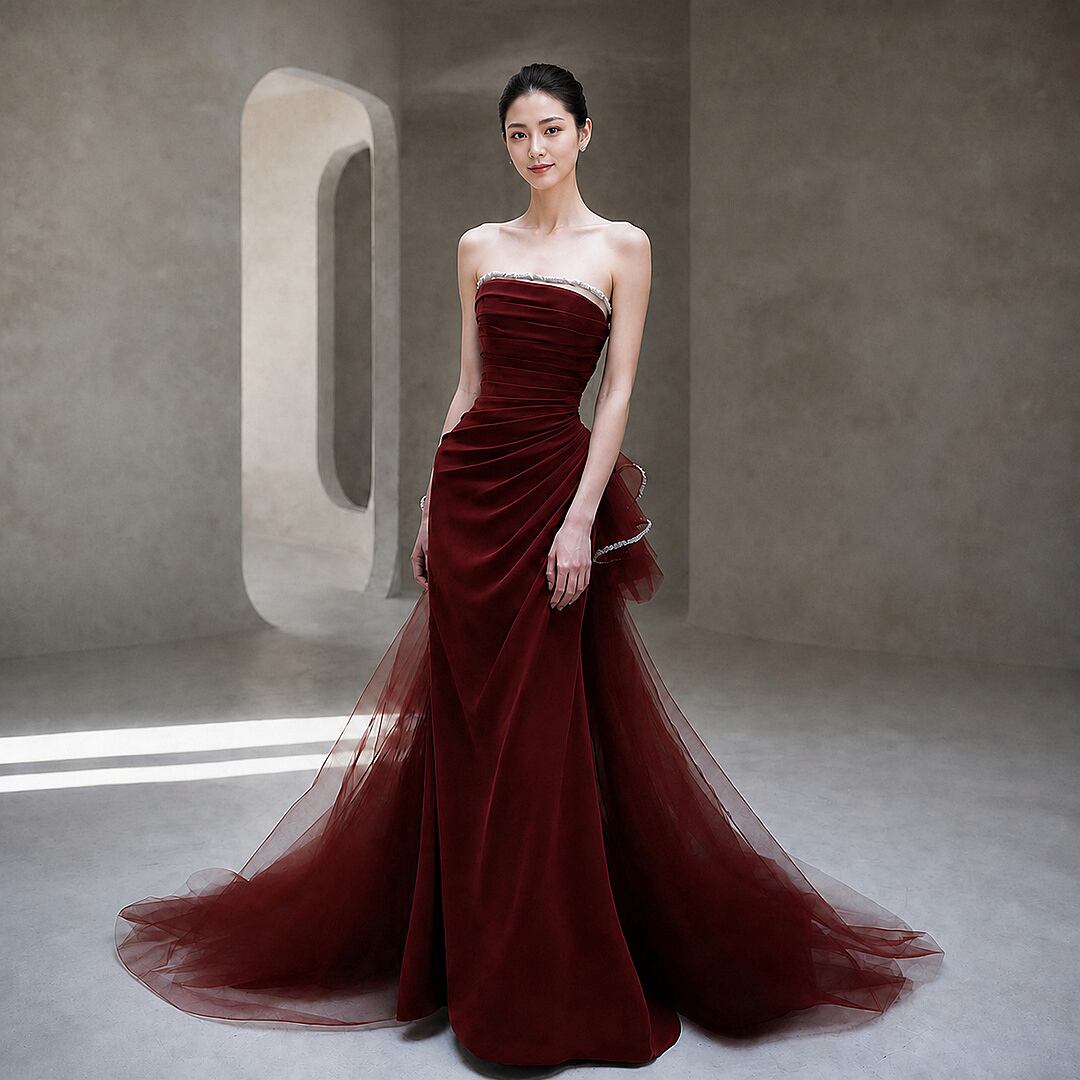 Beaded Decoration Tulle Tiered Long Dress V3525