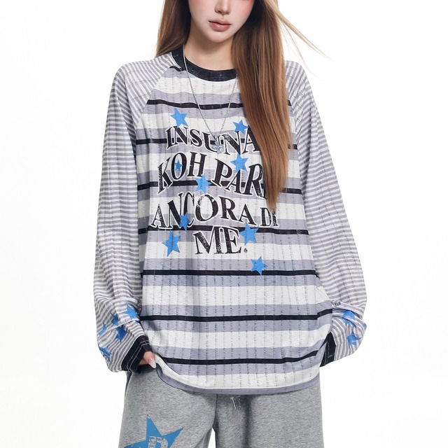 スターモチーフチェックボーダーグラフィックロングスリーブTシャツ 2col R02567