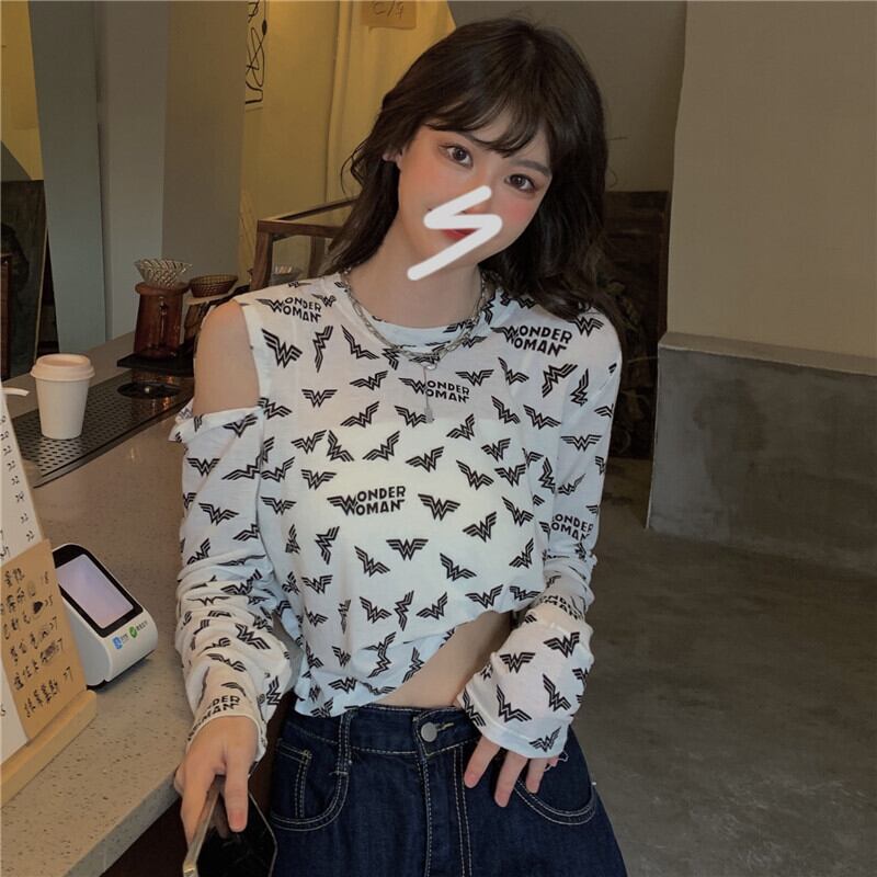 ラウンドネックスリムプリントルーズカジュアルTシャツ オータムレディース ロング 秋物 Oネック オフショルダー ドラファッションホール93971616651