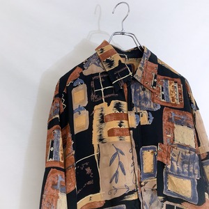 総柄シャツ　柄シャツ　アート　ヨーロッパ　長袖　ユーロ物　古着　長袖シャツ　ポリシャツ