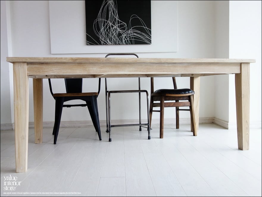 チーク総無垢材 ダイニングテーブルLNW 食卓テーブル 机 ナチュラルホワイト 手づくり 銘木 シンプル 新品 幅180cm×奥90cm 『送料無料』