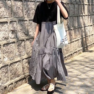 ロングワンピース ロングスカート ティアードワンピ  チェック柄 ギンガムチェック ミディアム丈 フレアワンピース おしゃれ 大人可愛い 半袖 個性的 レトロ ガーリー ルーズ ゆったり オーバーサイズ マタニティ ラウンドネック 10代 20代 30代 春 夏　CO6