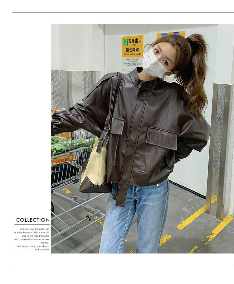 春と秋のショートレザージャケット小さな女性 2024 スタイルルース Pu