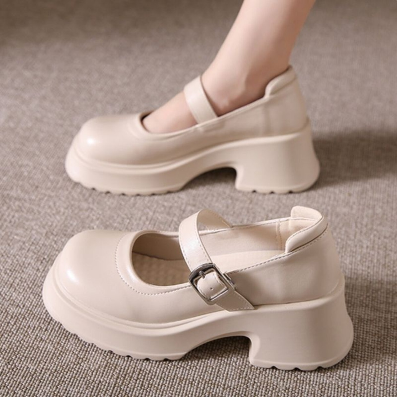 ストラップ  厚底 プレーントゥ シューズ  90015