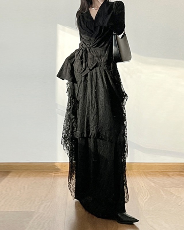 Lace Mesh Midi Skirt Set［A0231］