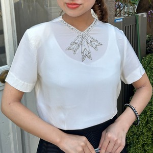 50’s "claret" white rhinestone  rayon blouse