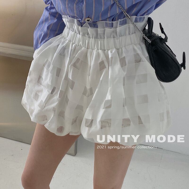 ホワイト格子柄ショーツ サマーストレッチハイウェストウェストワイドレッグFlowerデザイン スカート パンツ ショート エラスティック 伸縮 夏物 ブルマー ワイドパンツ フラワーデザイン ステッチ ビッグFスモールZ韓国18444105746