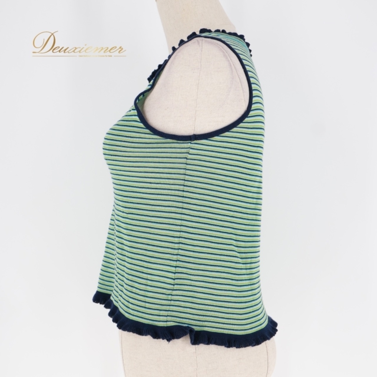 レディース トクコプルミエヴォル TOKUKO 1er VOL トップス ブラウス グリーン系 ノースリーブ 袖なし ボーダー フリル 緑 青 紺 伸縮 ストレッチ カジュアル かわいい 爽やか 日本製 レディースファッション ネイビー系 ブルー系