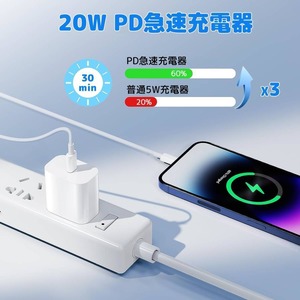 iPhone 充電器 20W USB-C PD急速充電 2m Lightning ケーブル Type C iPad スマートフォン 電源アダプター
