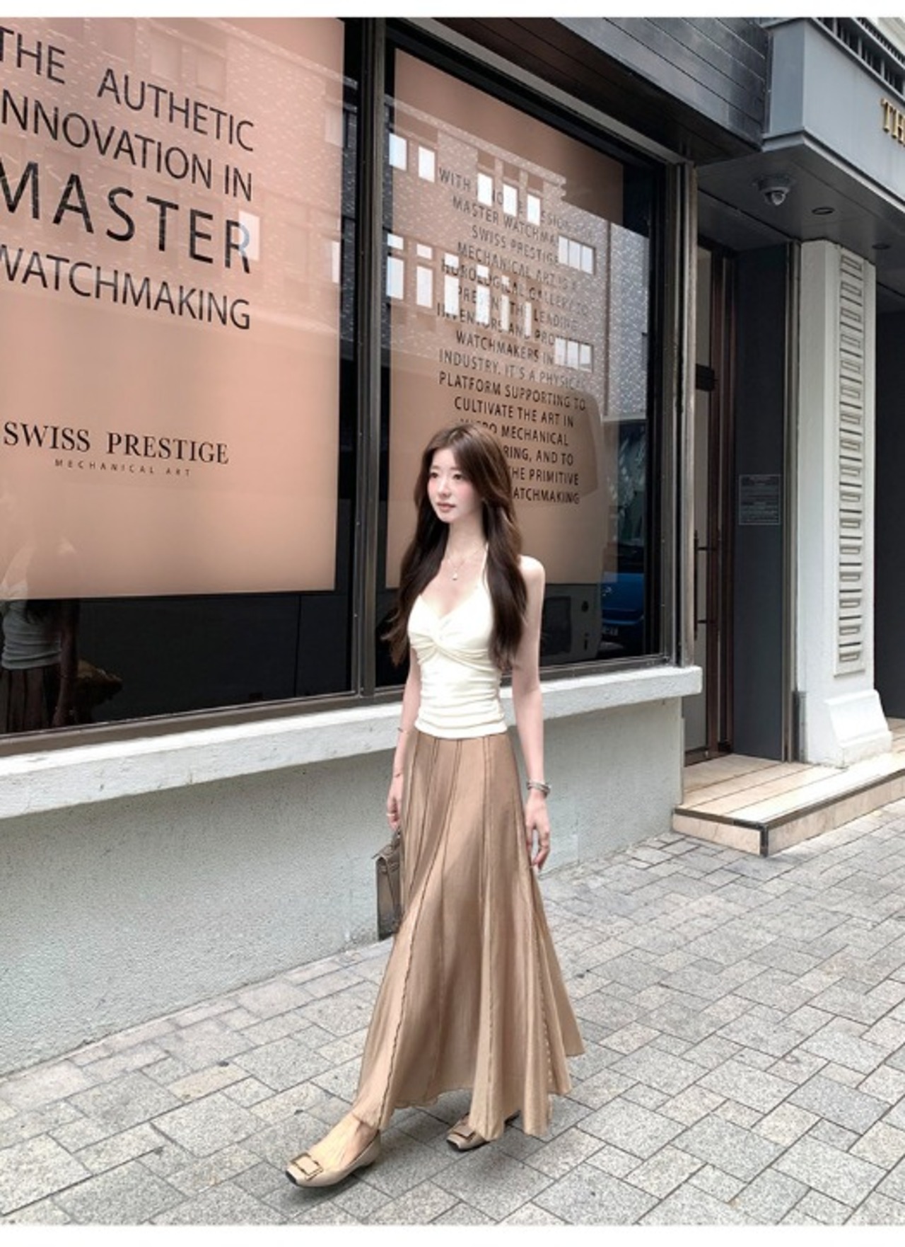 Glossy Material Pleated Flare Long Skirt【H00072】