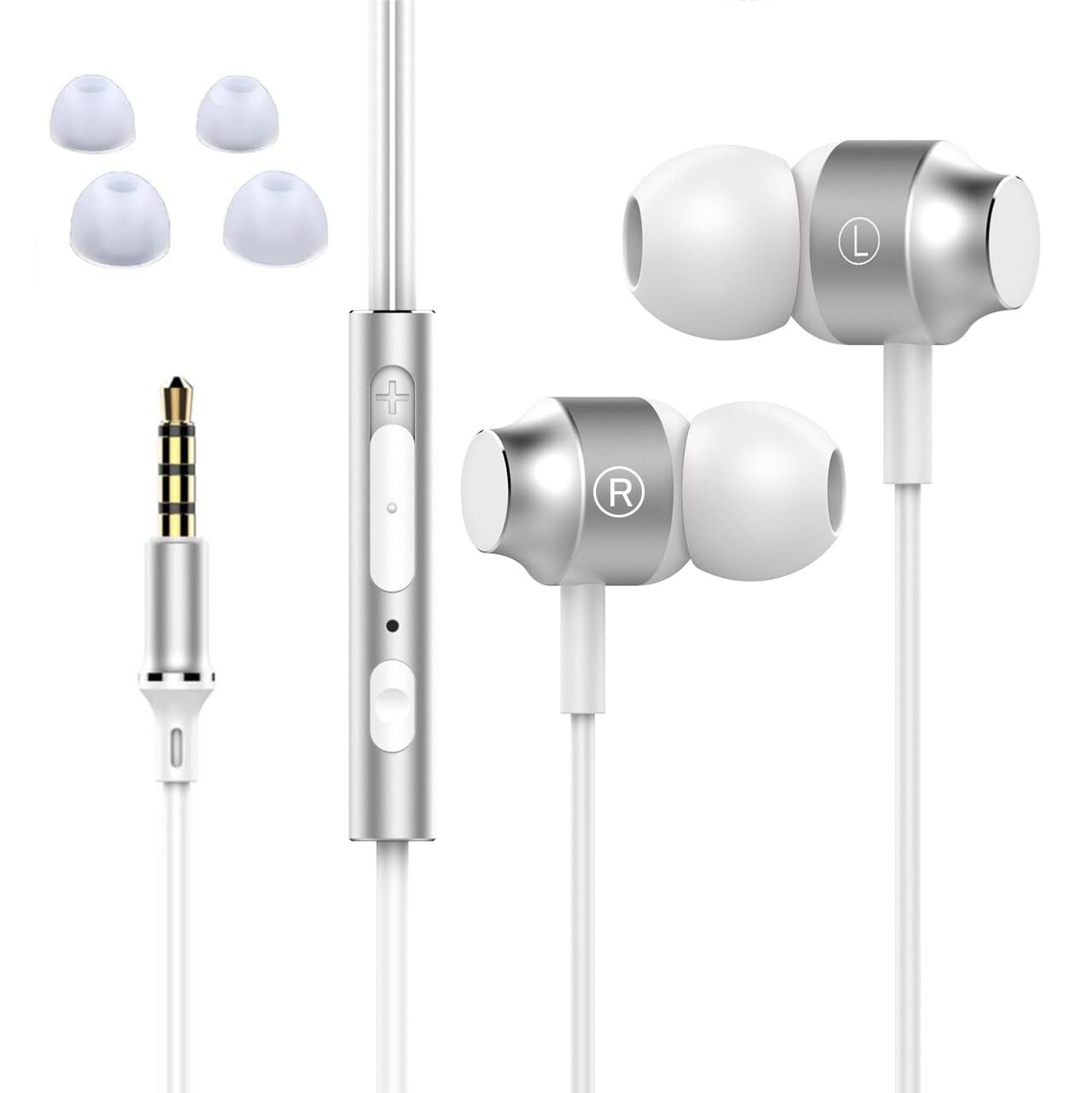 【人気】【2023秋 イヤホン3.5mm 有線 マイク付き リモコン付き ヘッドホン コンパクト ノイズ遮断 重低音 クリア通話 音漏れ防止 カナル型 磁気 マグネット式Android/iPhone/PC多機種対応 イヤフォン(銀)