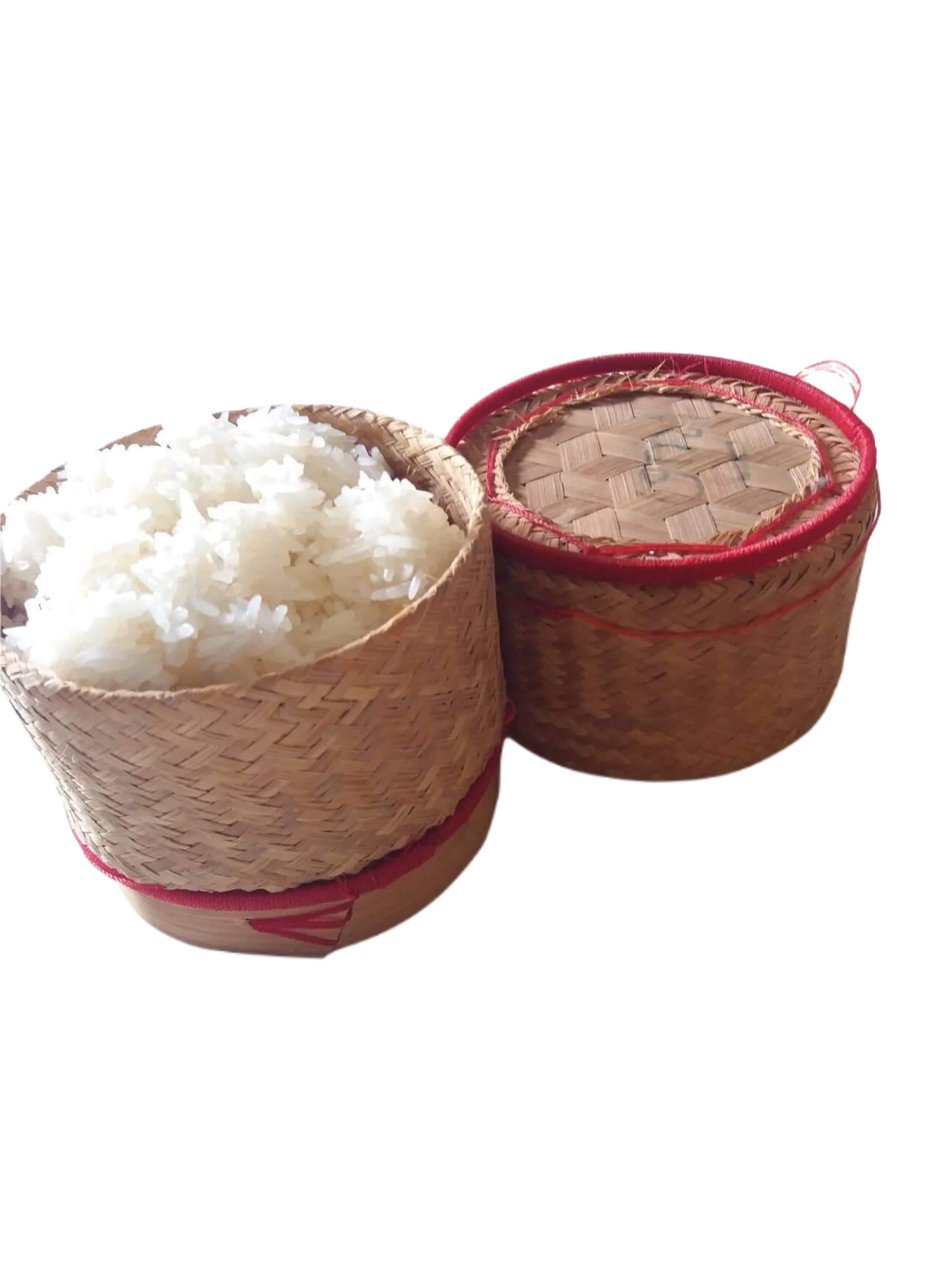 ティップカオ・おひつ・もち米入れ・丸型・蝶々柄・竹細工（ラオ族