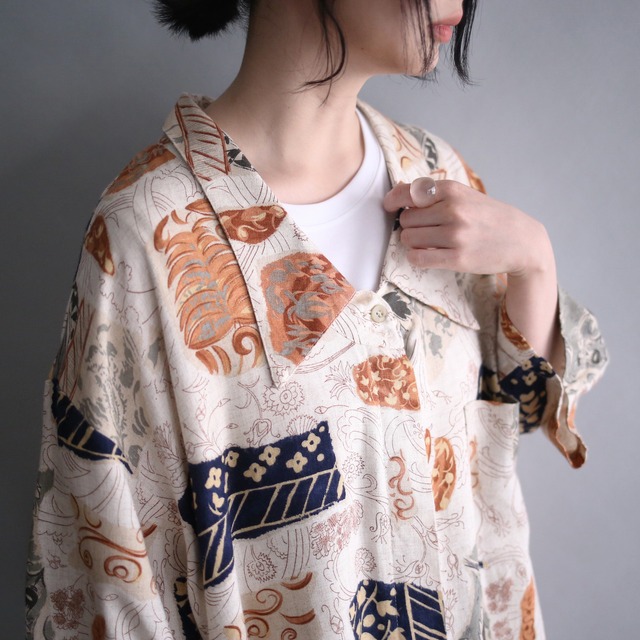 multi flower art pattern fry-front over size h/s shirt
