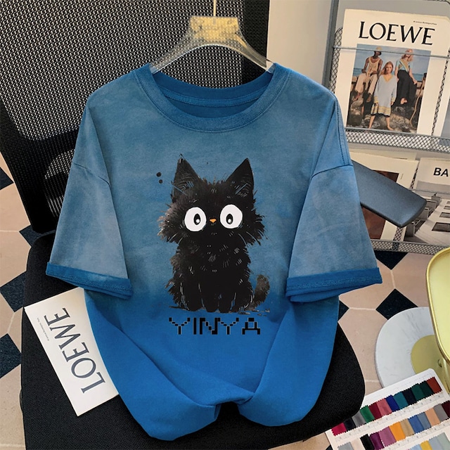 【YINYAシリーズ】★Tシャツ★ トップス 半袖 レディース 猫 ねこ ネコ 猫柄 おしゃれ グラデーション ブルー 青い