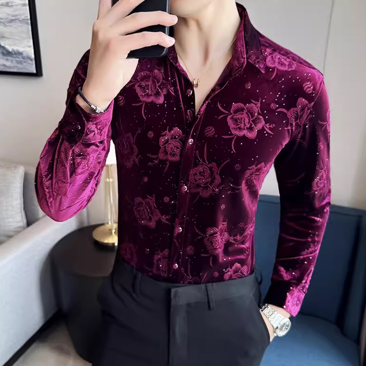 韓国スタイルにインスパイアされたゴールドベルベット素材のシャツ　SH037