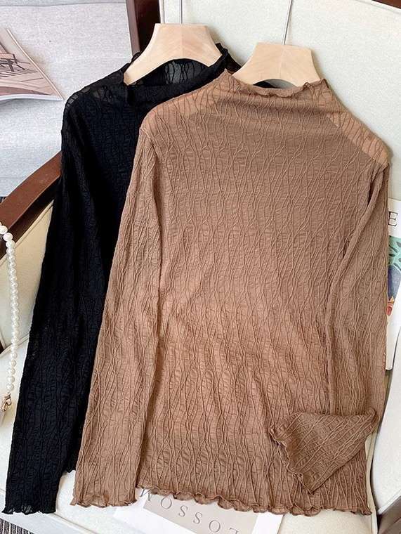 くしゅくしゅモックネックシアーシャツ 長袖 おしゃれ きれいめ 大きいサイズ 韓国 CH6843