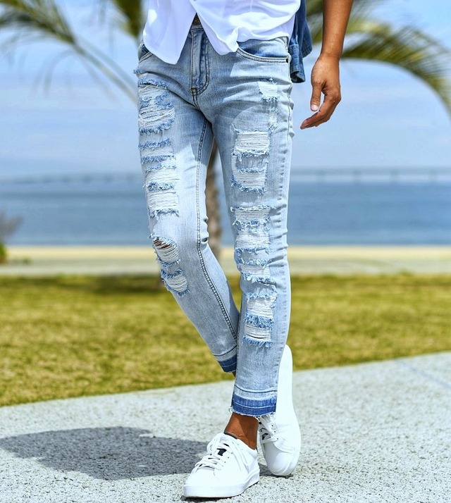 22 新作 クラッシュ ダメージ スキニー デニム カットオフ アンクル パンツ メンズ ストレッチ サーフ Surf 海 ビーチ 海外 ファッション Old Rookie