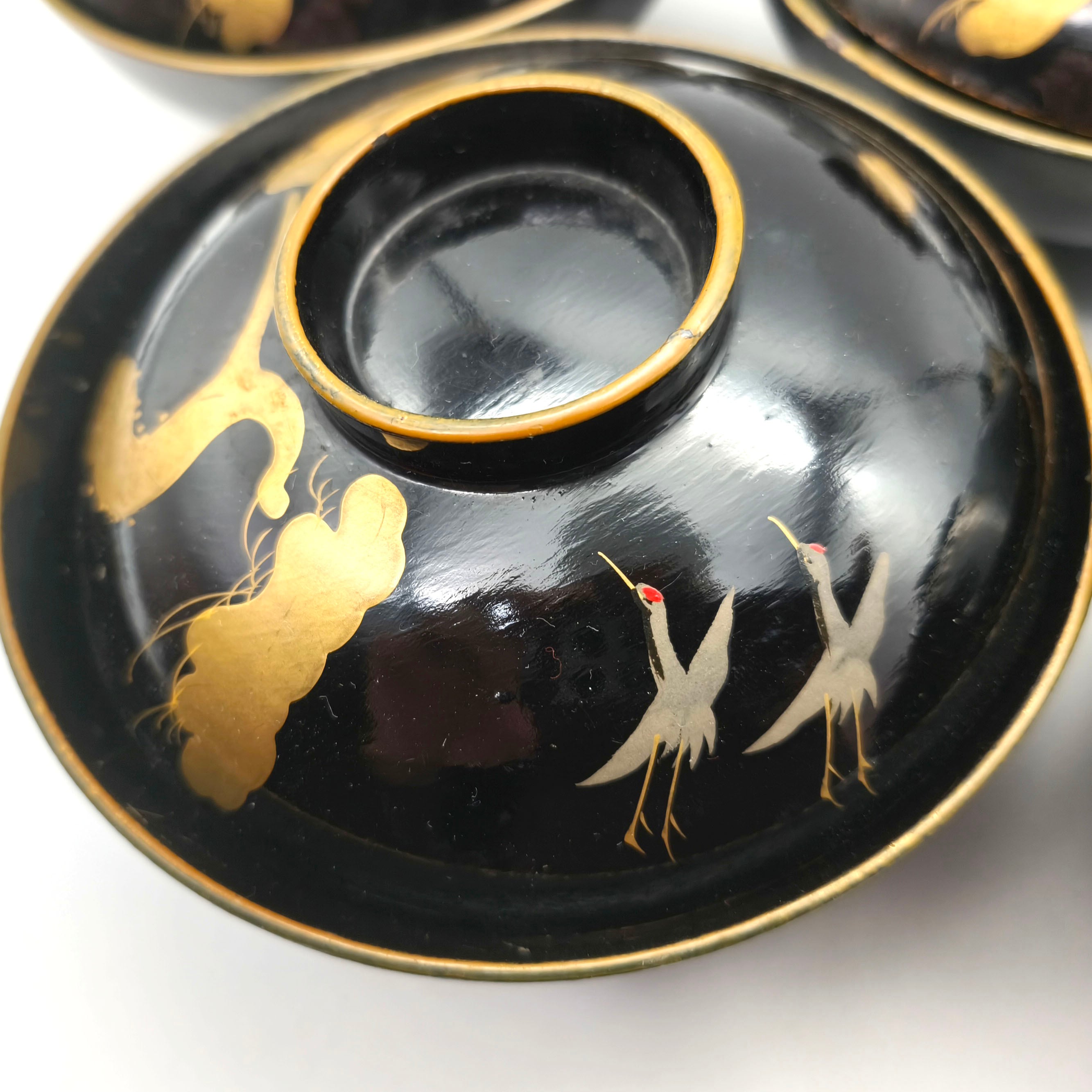 汁椀・吸物椀・金蒔絵・鶴・天然木・年代物・漆器・8客セット・No