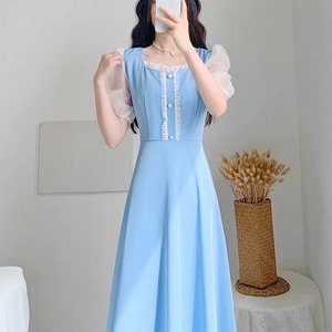 透け袖シフォンの夏色ワンピース|水光ブルー