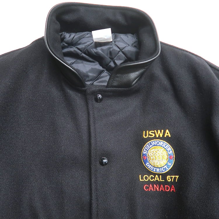 古着 ウール 袖レザー スタンドカラー 切り替え スタジャン 刺繍