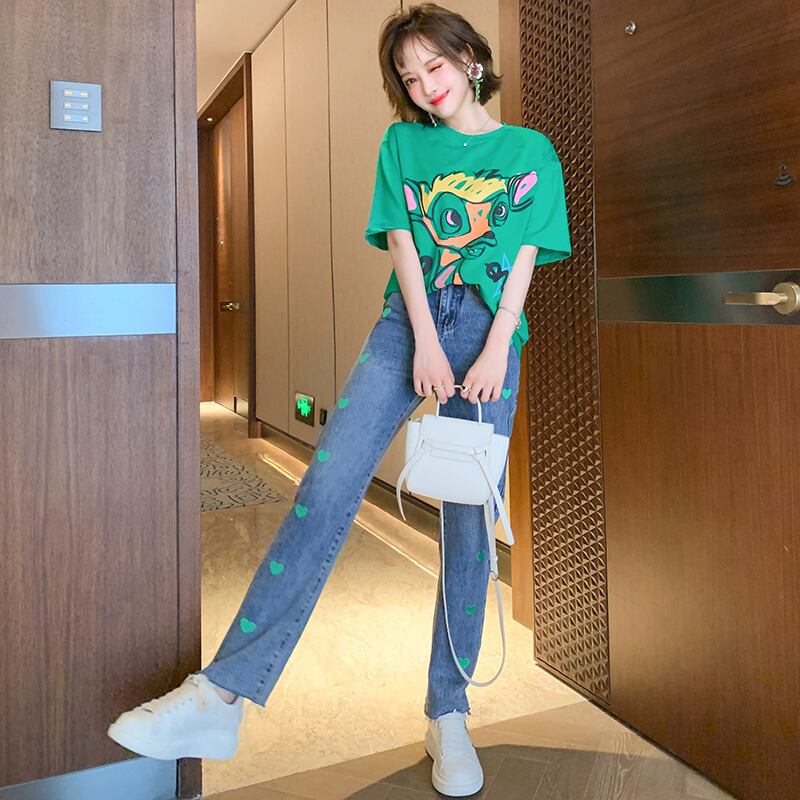 プリント柄スタイルTシャツ ジーンズ スプリング レッド 刺繍 春物 MIUCO70968989004