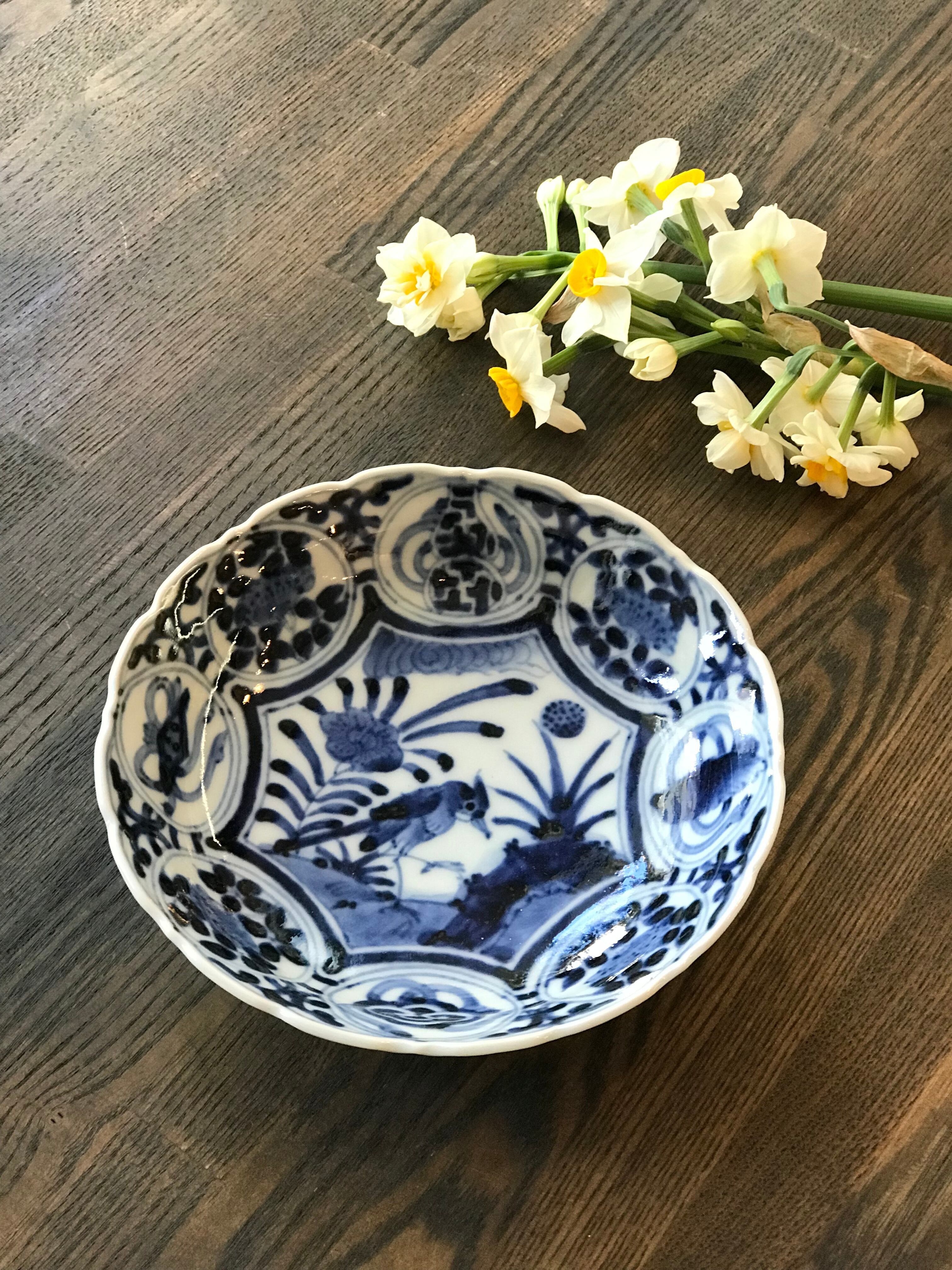 新品 岩永浩 芙蓉手草花文輪花向付 6個セット 染付