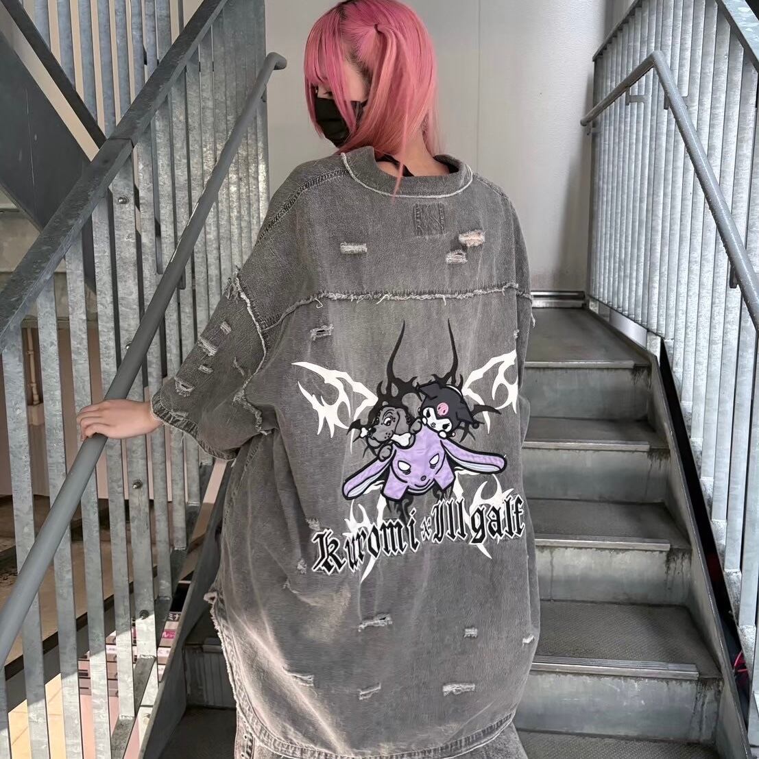 【GALFY✖︎クロミちゃんコラボ】イルガルフィーボロボロデニム半袖BIG シャツ - Gray  152057 ガルフィー カットソー シャツ ストリート ブランド メンズ レディース ユニセックス