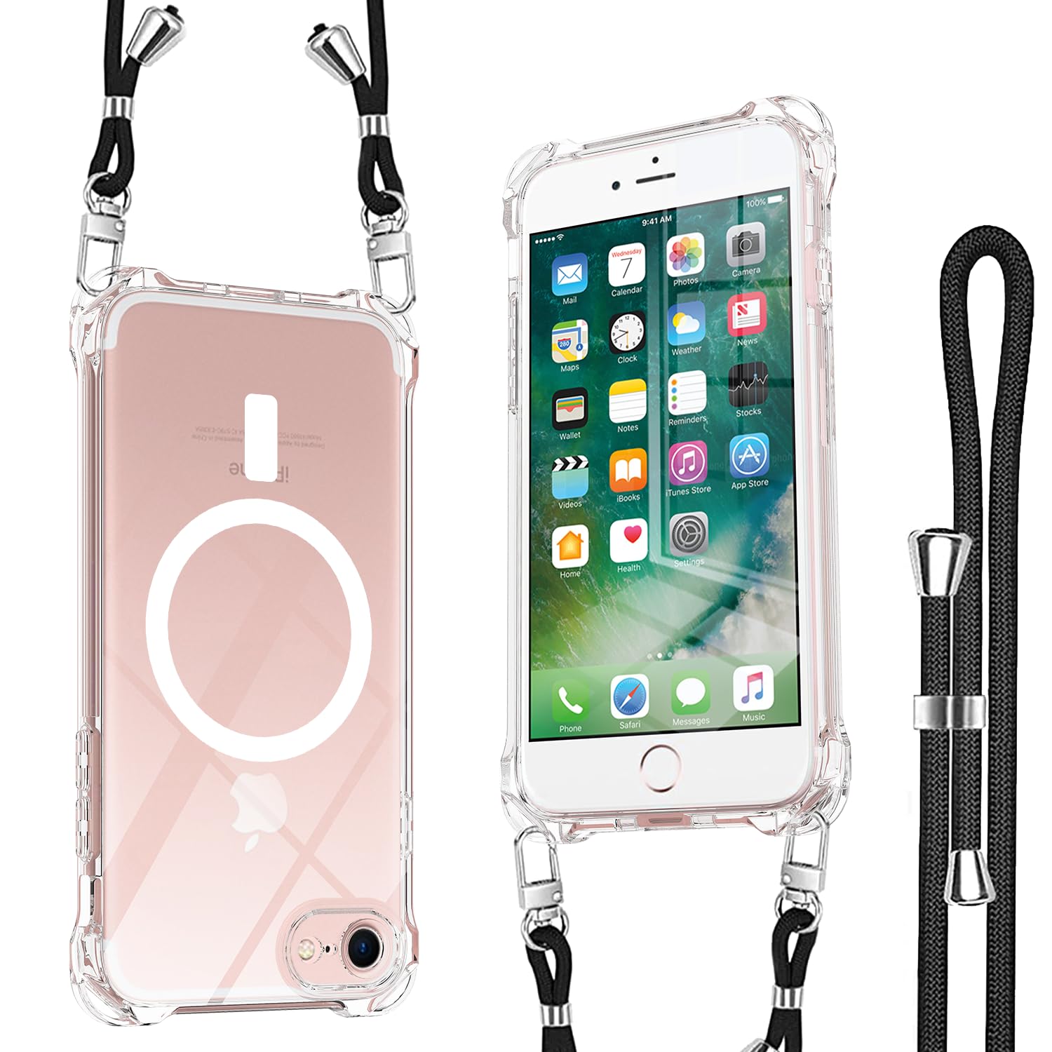 iPhone SE ケース 第2世代 第3世代 Magsafe対応 マグネット搭載 アイフォンSE2 ケース ショルダー ストラップ1枚付き 紐付き 首掛け 肩がけ 斜め掛け 長さ調整可能iPhone8 カバ-ストラップホール付き 耐衝撃 シリコン 柔軟 透明TPU 超軽量 極薄 滑り止め スマホケース 取り外し可能 落下防止 アイフォン SE3 SE2 8 7クリア