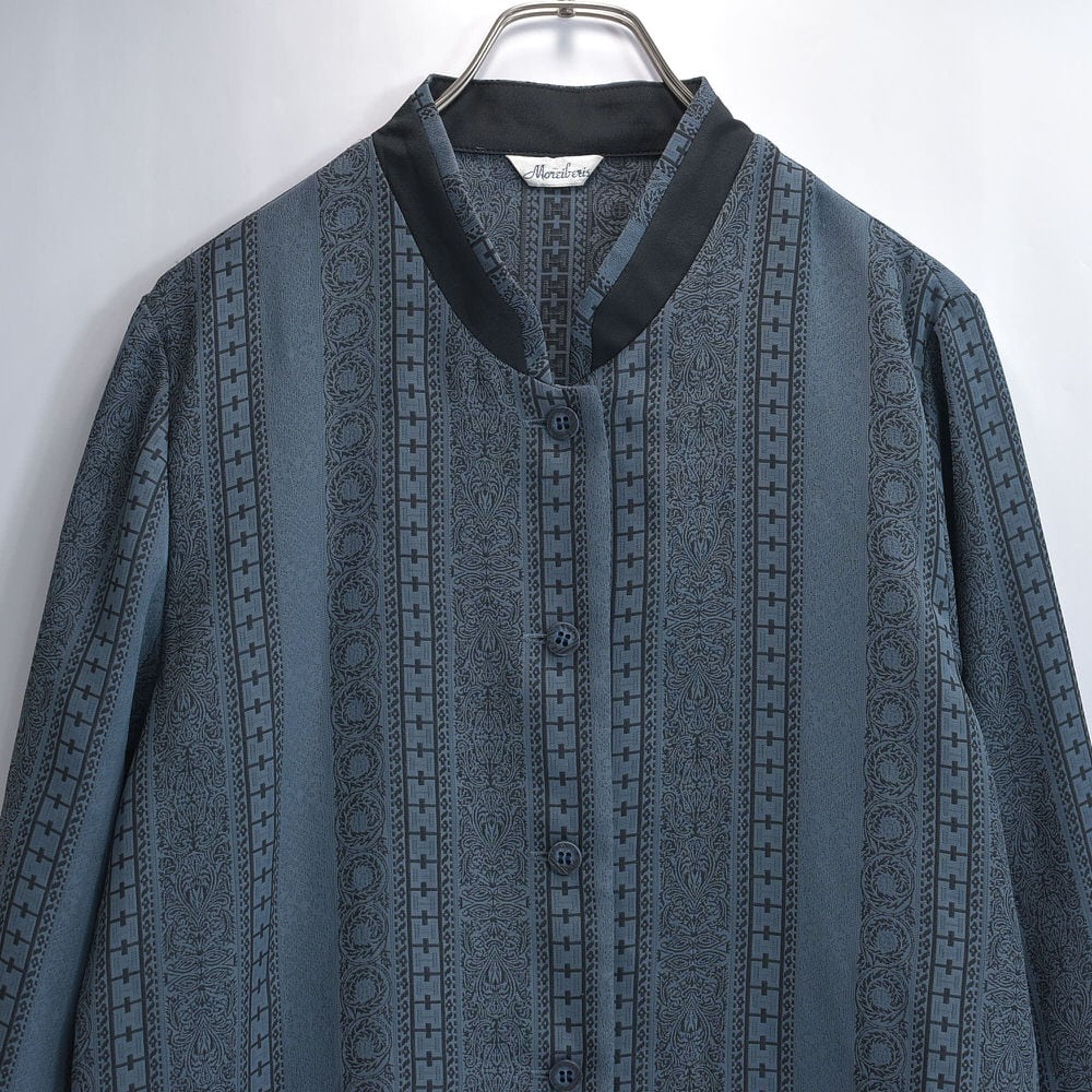 90s～ Moreiberis バイカラー レトロ柄 マオカラー シャツ 長袖 ブルー